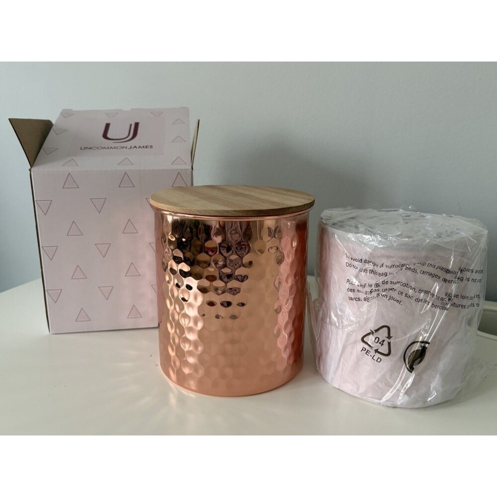 UNCOMMON JAMES Hammered Copper Plated Canister Set w/Wood Lids 45oz & 25oz NEW!